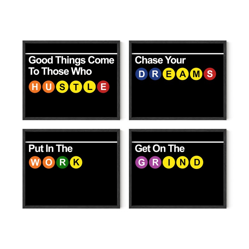 Summit Designs New York City Subway Sign, Subway New York Wall Art, NYC Wall Art - Poster Set, NYC Sign, Bedroom Decor - Hustle Grind Motivation - Set Of 4 (8x10) UNFRAMED Prints - Image 1